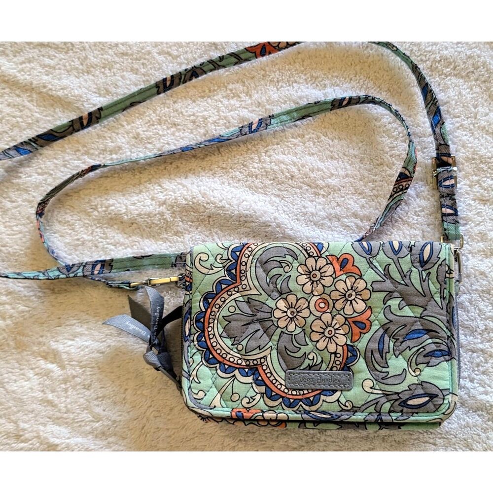 Vera Bradley All in One Crossbody Wallet Mint Flowers Paisley Quilted Bag